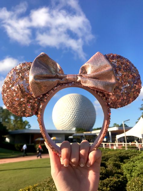 Epcot Spaceship Earth, Rose Gold Minnie Ears, Disney Essentials, Disney Florida, Disney 2024, Disney World Epcot, Spaceship Earth, Disney Photos, Minnie Ears