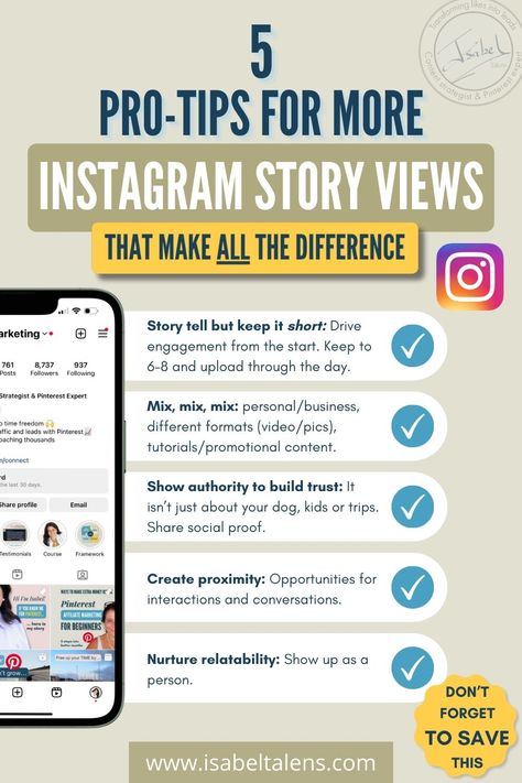 Instagram story views are the absolute best way on Instagram marketing to grow your leads for your online business. Want be seen more with Instagram marketing? Find here how to get more views on Instagram story. 35 Instagram for business tips to explode your Instagram story views. Because Instagram stories views is ideal for lead-generation. Do's and dont's for high Instagram story views and Instagram story ideas for views | Isabel Talens #isabeltalens #instagramstoryideas #instagramforcoaches Instagram Story Strategy, Instagram Story Views, Instagram For Business, Get Instagram Followers, Business Ideas For Beginners, Instagram Marketing Strategy, Instagram Marketing Tips, Positive Motivation, Online Business Marketing