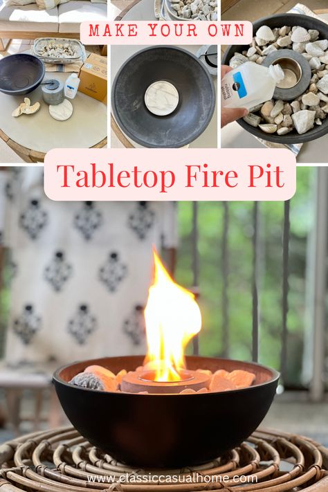 Diy Fire Bowl Patio, Fire Pit Table Ideas, Diy Candle Heater, Cement Fire Pit, Decor Ideas For Small Homes, Diy Propane Fire Pit, Table Top Fire Pit, Homemade Fire Pit, Fire Pit Table Top