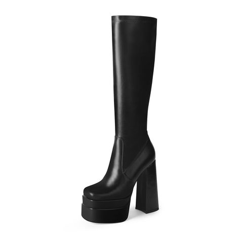 WETKISS Women's Black Platform Knee High Boots Stacked High Heeled Boots Square Toe Side Zip Stretch Go-Go Boot Black Platform Knee High Boots, Black Go Go Boots, Black Gogo Boots, Trendy Boots For Women, Pink Knee High Boots, Womens Fall Boots, Platform Knee High Boots, Women Knee High Boots, Thick Heel Boots