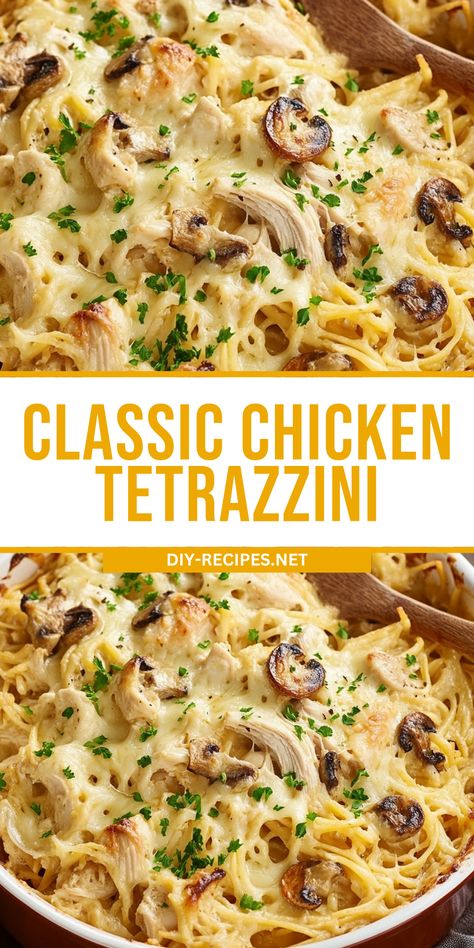 Create this classic Chicken Tetrazzini for a dinner everyone will love. It's rich, creamy, and packed with cheesy goodness! Chicken Tezzarini, Chicken Tetrazinni Recipe, Chicken Tettrazini Recipe, Chicken Tezzarini Recipe, Chicken Tetrazzini Recipes Easy, Rotisery Chicken Dishes, Recipe For Leftover Chicken, Roterisserie Chicken Recipes, Dinner With Leftover Chicken