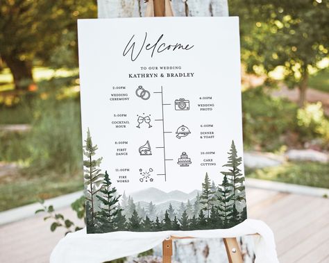 "Mountain Wedding Timeline Welcome Sign Template, Woodland Forest Pine Program Poster, Rustic Editable Printable Wedding Day Itinerary, Instant Download --------------------------------------------------------------------- THIS FILE IS AN EDITABLE DIGITAL FILE. (COMPUTER, MOBILE DEVICE) DIGITAL FILES ONLY NO PRINTED MATERIALS --------------------------------------------------------------------- ★BUY MORE & SAVE MORE★ * You get a 40% discount when you buy 3 or more items. Coupon code \"3BP40\" --------------------------------------------------------------------- [TRY BEFORE YOU BUY] Demo this item now! Copy and paste the URL below to demo https://www.corjl.com/d/HIPGD --------------------------------------------------------------------- [EDIT YOUR ITEMS AT \"Corjl.com\"  RIGHT AFTER PURCHAS Wedding Decorations Mountain, Mountain Wedding Welcome Sign, Mountain Wedding Sign, Mountain Wedding Ceremony Decor, Mountain Wedding Colors, Mountain Themed Wedding, Mountain Wedding Ceremony, Program Poster, Rustic Forest Wedding