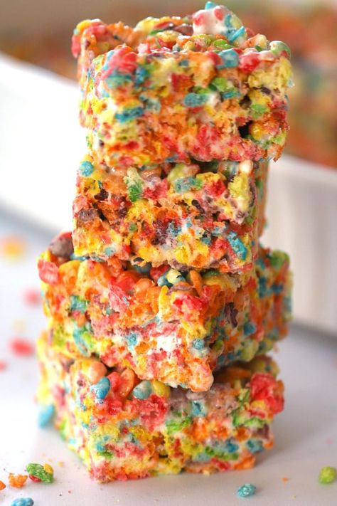 Fruit Pebble Rice Crispy Treats Recipe | thecarefreekitchen Fun Rice Krispie Treats, Fruity Pebbles Treats, Crispy Treats Recipe, Rice Crispy Treats Recipe, Fruity Pebble, Fruity Pebbles Cereal, No Bake Oreo Cheesecake, Princess Pinky Girl, Pinky Girl