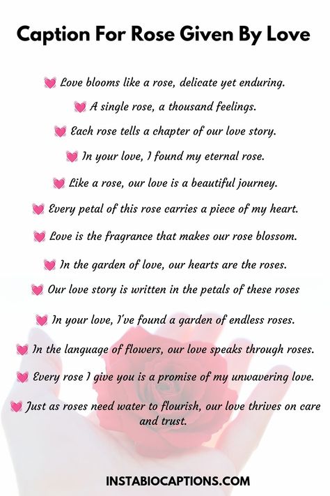 Discover heartfelt captions for roses given by love. Find the perfect words to express your feelings with these romantic rose captions. Whether it's for a special occasion or just to show your affection, these captions will help you convey your emotions. Rose Day Love Letter, Rose Day Lines For Boyfriend, Rose Day Caption For Instagram, Rose Day Caption For Boyfriend, Red Rose Quotes Love, Rose Day Captions, Captions For Flowers From Boyfriend, Romantic Flower Quotes, Quotes About Flowers And Love Romantic