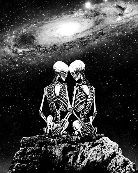 Until The End Of Time by Junaid Mortimer (@jumo.art). Skeletons on cliff overlooking galaxy. #surrealz #art #romance #skulls Art Romance, Skeleton Artwork, Skeleton Love, Skeleton Couple, Until The End Of Time, End Of Time, Skull Artwork, Skeleton Art, Time Art