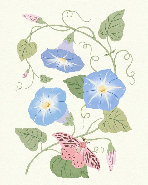 There’s something magical about the way morning glory flowers unfurl in the early light✨ I couldn’t resist capturing this delicate beauty in my recent artwork 🩵 . . . . . . #surfacedesign #botanicalart #gouacheart #botanicalgouache #morningglory #surfacedesigner #botanicalwallart #freelancedesign #freelancedesigner #freelanceartist #artlicensing Blue Bell Illustration, Morning Glory Illustration, Morning Glory Painting, Blue Flowers Images, Print Making Designs, Cute Flower Drawing, Morning Glory Flowers, Flower Mural, Flower Graphic Design