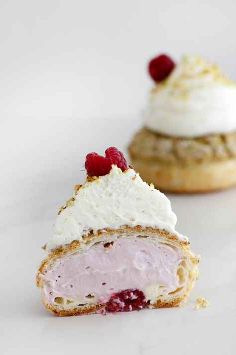 Raspberry Pastry Cream, Large Cream Puffs, Raspberry Cream Puff, Vanilla Cream Puffs, Pistachio Raspberry, Raspberry Pistachio, Raspberry Mousse, Raspberry Cream, Cream Puff