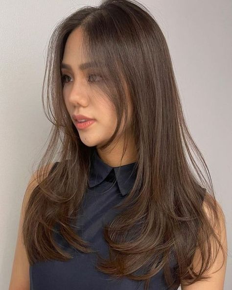 Long Layers Face Framing Curtain Bangs Shoulder Length Hair, Haircut Inspo Medium Round Face, Fine Hair Long Layers, Medium Length Hair With Layers For Round Face, Medium Length Haircut For Round Faces, Medium Hair Round Face, Layered Haircuts Straight, Below Shoulder Length Hair, Fine Hair Round Face