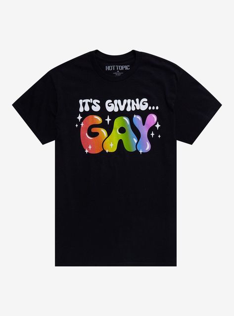 It's giving... gay! This tee is perfect for pride season thanks to its bubble-letter text reading "It's giving... gay " with "gay" in rainbow colors surrounded by stars.100% cottonWash cold; dry lowImportedListed in unisex sizes Pride Letter Print Streetwear T-shirt, Lgbtq Clothes, Queer Vibes, Funny Pride, Gay T Shirt, Lgbtq Things, Gay Shirts, Lgbt Shirts, Bubble Letter