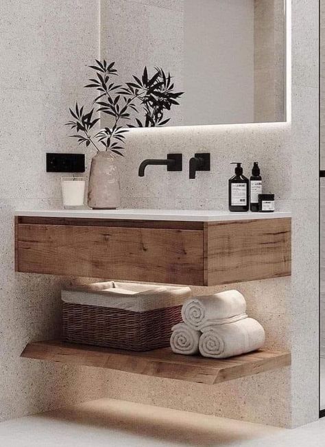 Floating Sink Bathroom Small Spaces, Floating Double Vanity Bathroom, Floating Sink Bathroom, Floating Sink, Toilet Room Decor, Bathroom Counter Decor, Small Bathroom Sinks, Floating Shelves Bathroom, Modern Bathroom Sink