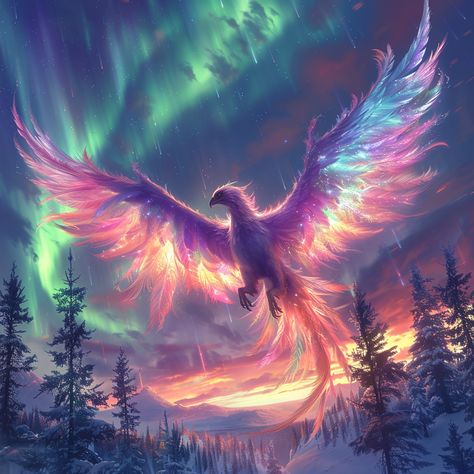 Soaring through the northern lights, this magnificent phoenix embodies the essence of rebirth and transformation, its vibrant feathers ablaze with the colors of the aurora. The night sky dances with hues of green, purple, and pink, casting an ethereal glow on the snow-covered landscape below. This scene captures the awe-inspiring power of nature and the mystical beauty of myth, blending seamlessly to create a breathtaking spectacle. Pink Phoenix Bird, Purple Phoenix Art, Phoenix Purple, Iridescent Bird, Bird Background, Phoenix Images, Metaphysical Art, Magical Horses, Mystical Animals