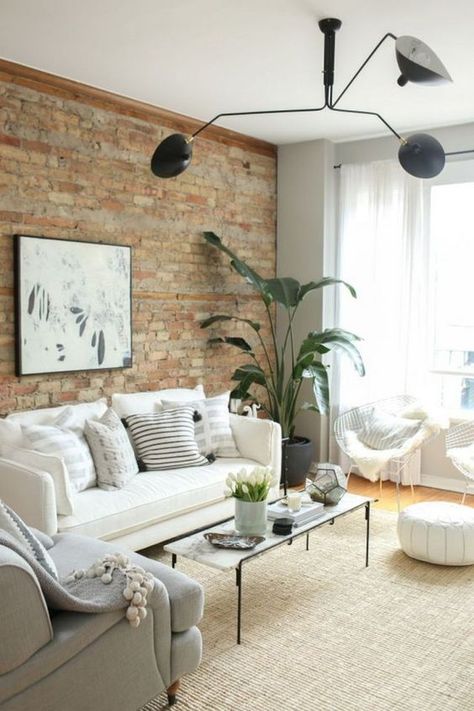 Living Room With Brick Wall, Brick Wall Living Room, Brick Living Room, Garage Room, Exposed Brick Walls, Condo Living, Neutral Living Room, Beautiful Living Rooms, Rustic Living Room