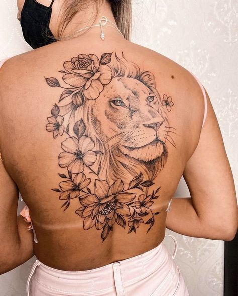 Back Lion Tattoo, Lion Back Tattoo, Leo Tattoo Designs, Turtle Tattoo Designs, Lioness Tattoo, Floral Thigh Tattoos, Leopard Tattoos, Lion Tattoo Sleeves, Blue Rose Tattoos