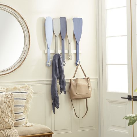 Beach House Entryway, Nautical Themed Bedroom, Waterfront House, Wall Hook Rack, Wooden Canoe, Mudroom Entryway, Shore House, Decorative Wall Hooks, Lake Cabin