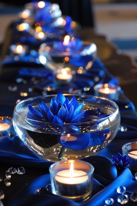 Royal Blue Outside Wedding Ideas, Royal Blue Flowers Wedding, Black Royal Blue And Gold Wedding, Wedding Blue Aesthetic, Wedding Royal Blue Theme, Royal Blue Wedding Ideas Decoration, Royalty Themed Wedding, Royal Blue Black And Silver Decorations, Royal Centerpiece Ideas