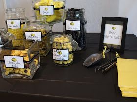 a. party style: bumble bee party Bee First Birthday Party, Bumble Bee First Birthday, Sweets Station, Bee First Birthday, Bumble Bee Party, Bumble Bee Birthday, Bee Activities, Bee Sweet, Baby Shower Candy Bar