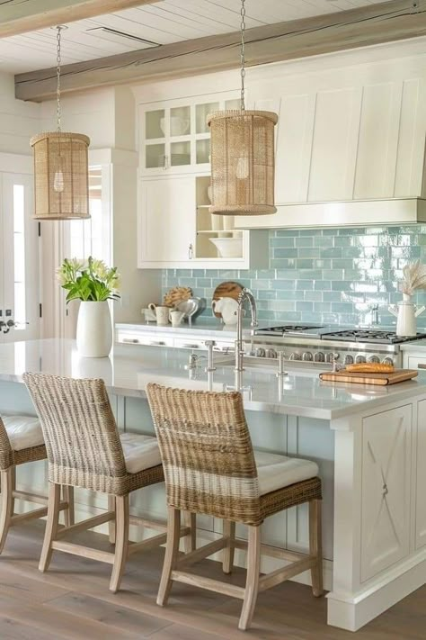 Small Beach House Kitchen, Yellow Kitchen Cabinets, Budget Kitchen Makeover, Coastal Kitchen Design, Beach Kitchen, Coastal Farmhouse Decor, Beach House Living Room, Beach House Interior Design, Beach House Kitchens