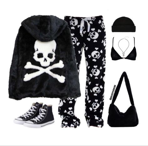 Gothic Lounge Wear, Alt Pajamas Aesthetic, Emo Pajamas Aesthetic, Goth Pjs Aesthetic, Emo Sweatpants Outfit, Punk Pajamas, Black Pjs Aesthetic, Goth Pajamas Aesthetic, Alternative Pajamas