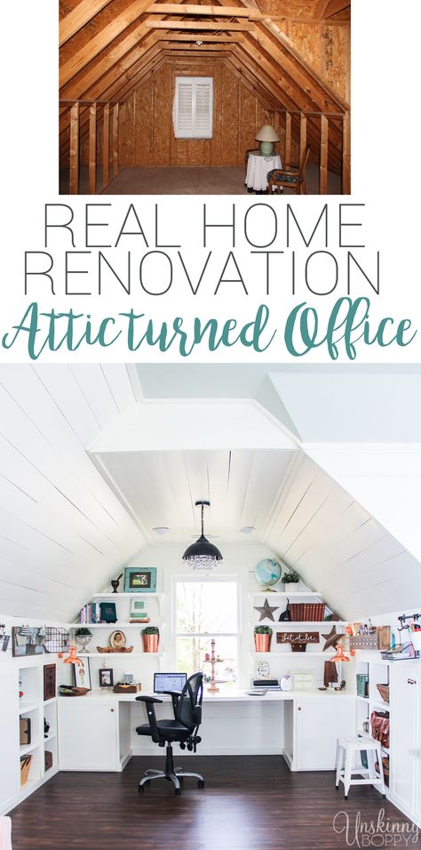 Check out this amazing Attic Renovation Before and After! They renovated the attic space above the garage into an incredible office and playroom!    Love that shiplap and copper lighting. Attic Renovation Before And After, Attic Office, Attic Renovation Ideas, Finished Attic, Attic Loft, Small Attic, Attic Flooring, Attic Conversion, Attic Space