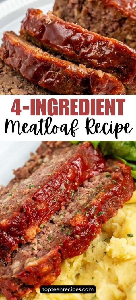 4-Ingredient Meatloaf Recipe - Top Recipes 4 Ingredient Meatloaf, Secret Ingredient Meatloaf, Tasty Meatloaf Recipe, Delicious Meatloaf, Beef Meatloaf, Homemade Meatloaf, Plats Healthy, Good Meatloaf Recipe, Thanksgiving Menu Ideas