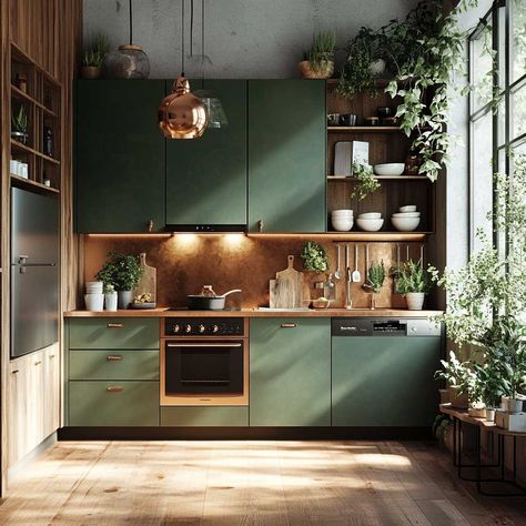 12 Stylish Green and Copper Small Kitchen Furniture Ideas for an Earthy Touch • 333k+ Inspiring Lifestyle Ideas Green And Copper Kitchen Ideas, Small Dramatic Kitchen, Green Small Kitchen Ideas, Biophilic Kitchen Ideas, Dark Green Kitchen Cupboards, Heritage Green Kitchen, Kitchen Colour Inspiration, Nature Kitchen Ideas, Dark Green Moody Kitchen