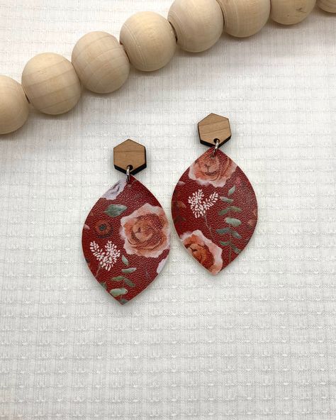 Rose Floral Maroon Leaf Earrings with Hexagon Wood Stud Bored Board, Wood Studs, Valentines School, Fall Earrings, Engagement Cards, Get Well Cards, Floral Earrings, Leaf Earrings, Something Beautiful