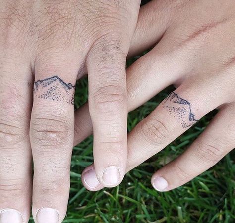 Beautiful mountain wedding band tattoos. Mountain Ring Tattoo, Tatoo Ring, Finger Tattoos Words, Ring Tattoo Designs, Wedding Band Tattoo, See Tattoo, Ring Tattoo, Band Tattoos, Wedding Ring Tattoo