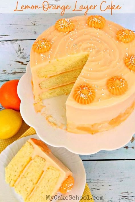 Lemon Orange Layer Cake is SO moist and has wonderful citrus flavor! Homemade lemon cake layers are glazed with orange curd and filled and frosted in luscious orange cream cheese frosting! #citruscake #citrus #orangecake #lemoncake #lemonorangecake #layercake #cakerecipe Orange Layer Cake Recipe, Lemon Sour Cream Cake, Orange Layer Cake, Blueberry Lemon Cake Recipe, My Cake School, Orange Curd, Citrus Cake, Lemon Cakes, Sweet Pies