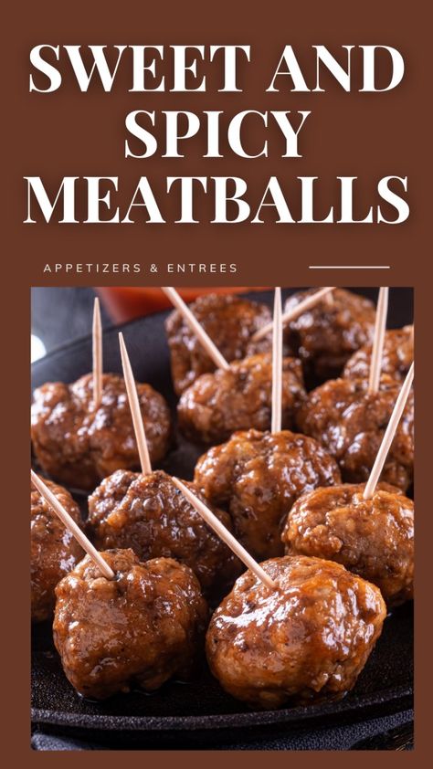 Easy Sweet and Spicy Meatballs - Appetizers & Entrees Crockpot Sweet And Spicy Meatballs, Meatball Snacks Appetizers, Sweet And Spicy Meatballs Crockpot, Spicy Meatball Recipes, Spicy Meatballs Crockpot, Spicy Meatballs Appetizers, Meatball Appetizer Recipes, Meatball Appetizer Crockpot, Sweet And Spicy Meatballs