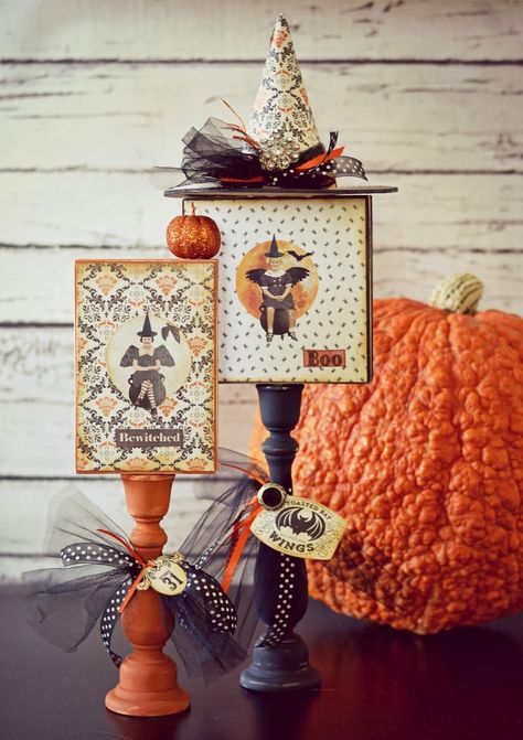 Spooky Soiree, Halloween Candlesticks, Prim Halloween, Witches Tea, Wood Connection, Autumn Diy, Halloween Paper Crafts, Halloween Kit, Super Saturday