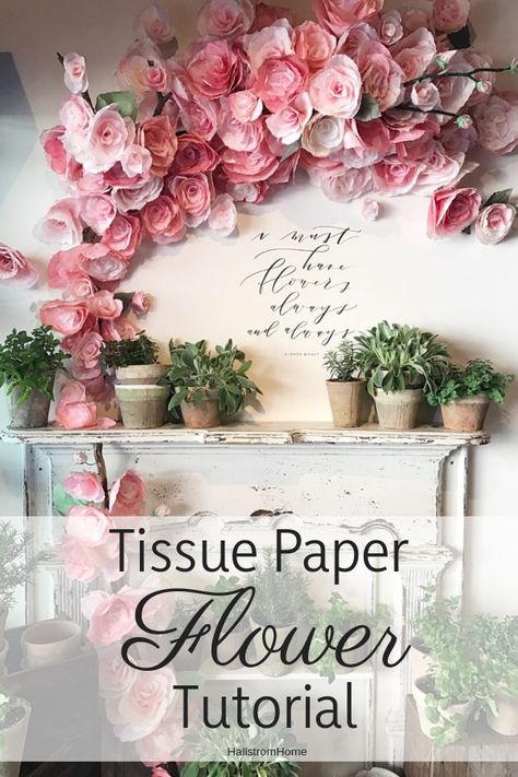 Paper Flowers Large Wall, Diy Flower Wall Tutorials, Handmade Flowers For Wedding, Crepe Paper Flower Backdrop Diy, Tiddue Paper Flowers, Large Paper Flower Backdrop, Flower Tissue Paper Diy, How To Make Large Tissue Paper Flowers, Paper Rose Backdrop