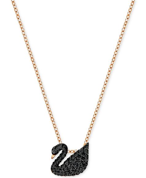 Explore the dark side with this ultra-elegant crystal pave black swan pendant necklace fashioned by Swarovski in rose gold-tone mixed metal. Approximate length: 14-7/8". Approximate drop: 3/8". | Phot Swan Jewelry, Swan Pendant, Swan Necklace, Swarovski Swan, Black Gold Jewelry, Swarovski Necklace, The Dark Side, Swarovski Jewelry, Necklace Online