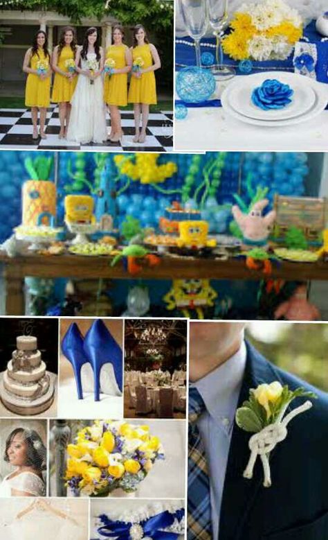 Spongebob theme wedding!  #Creativity#outofthebox #shonniestahyl Spongebob Wedding Cake, Spongebob Themed Wedding, Spongebob Wedding Theme, Spongebob Wedding, Wedding Musts, Spongebob Theme, Diy Wedding Photo Booth, Themed Engagement Photos, Yellow Wedding Theme