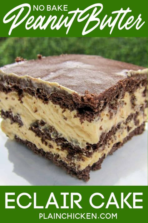 Peanut Butter Eclair Cake, Peanut Butter Eclair, Eclair Cake Recipe, Peanut Butter Pudding, No Bake Eclair Cake, Eclairs Dessert, Nobake Dessert, Eclair Cake Recipes, Chocolate Eclair Cake