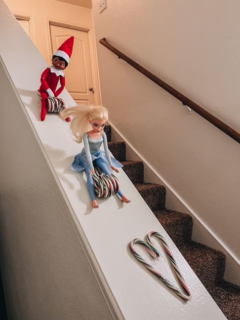 Candy Cane Sleigh Elf On The Shelf, Elf Sledding Down Stairs, Elsa Elf On The Shelf Ideas, Elf On The Shelf Elsa, Elsa Elf On The Shelf, Elf On The Shelf Candy Cane Ideas, Elf On The Shelf Sledding, Elf 2024, Candy Cane Sleigh