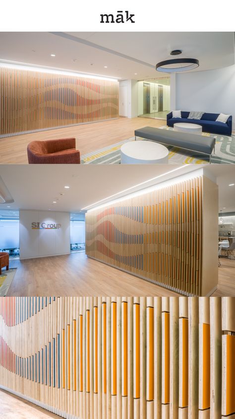 Check out this beautiful recent installation for SI Group here in Houston. Let us help bring your design idea to life! Library Feature Wall, Slat Wall Design Ideas, Accent Wall Commercial Design, Office Feature Wall Design, Ceiling Design Office, Lobby Design Office, Slat Wall Ideas, Stairwell Design, Drapery Wall