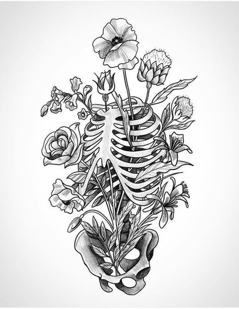 X Ray Tattoo Skeletons, Rib Cage With Flowers Drawing, Skeleton Art Tattoo, X Ray Tattoo Ideas, Tattoo Ideas Female Gothic, Anatomy Tattoo Sleeve, Human Body Tattoo, Human Anatomy Tattoo, Skeleton Sleeve Tattoo