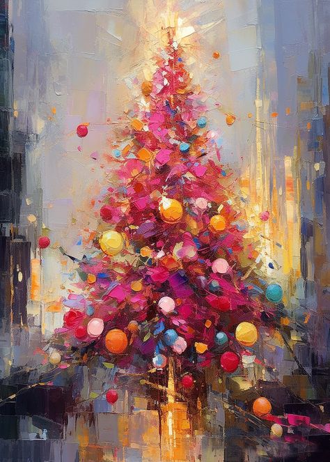 Canvas Christmas Tree Painting, Christmas Artwork Painting, Painting Of Ornaments, Vintage Christmas Paintings, How To Paint A Christmas Tree, Vintage Christmas Images 1950s, Abstract Christmas Painting, Christmas Tree Pics, Christmas Dot Painting