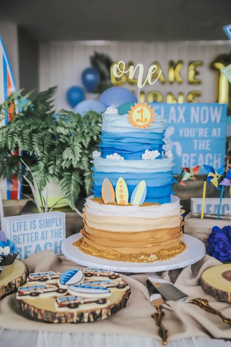 Blake's California Dreamin' First Birthday | Her Tasty Life The Big One Birthday Cake, Vw Cake, Surf Birthday Party, Boys First Birthday Cake, Surf Party, Boys First Birthday Party Ideas, Boys 1st Birthday Party Ideas, Baby Boy 1st Birthday Party, In Disbelief