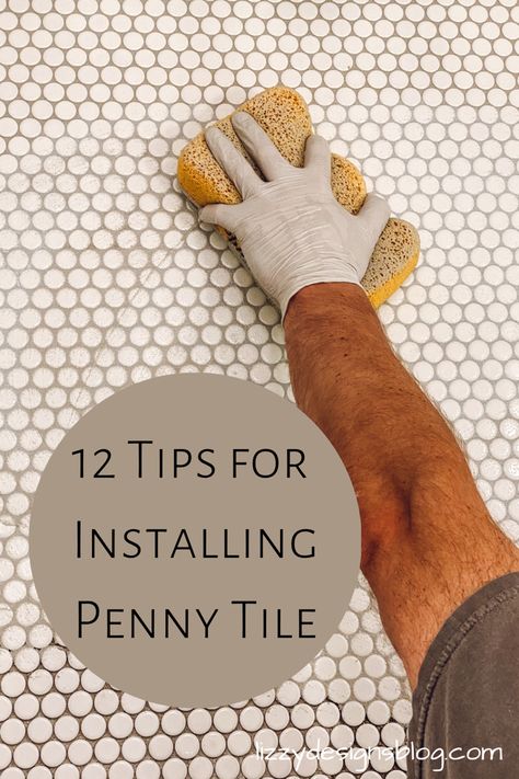 Grouting a white penny tile floor Penny Round Tiles Bathroom Floor, Penny Tile Bathtub, Coin Tile Bathroom, Vintage Bath Floor Tile, Penny Tile And Wallpaper, Shower With Penny Tile Accent, Mosaic Penny Tile Floor, Penny Round Tile Backsplash, Penny Tile Tub Surround