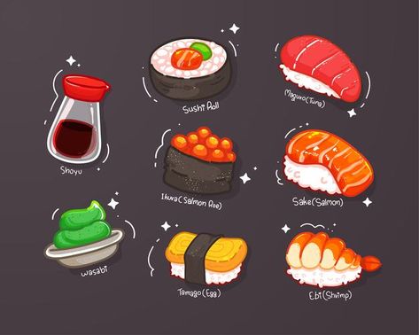 Restaurant Cartoon, Sushi Drawing, Sushi Cartoon, Crab Sushi, Japanese Food Illustration, Graphic Communication, Books Stickers, Sushi Menu, Cute Bakery