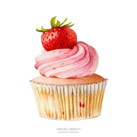 Strawberry Cupcake painting | watercolor food illustration Cupcake Vintage, Cupcake Painting, Watercolor Food Illustration, Desserts Drawing, Cupcake Illustration, Food Art Painting, Roasted Strawberries, Food Illustration Art, Cupcake Art