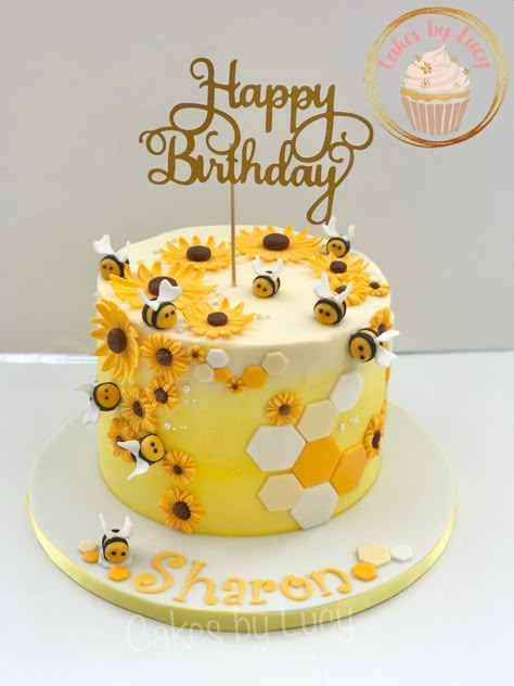 Happy Birthday Sharon Cake, Queen Bee Cake Ideas, Honey Bee Theme Cake, Honey Bee Cake Ideas, Bumble Bee Birthday Cake, Bee Themed Cake, Bdy Cake, Honey Bee Cake, Bee Hive Cake