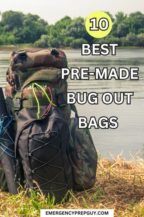 A camo and black survival backpack set on the grass near a river, representing pre-made bug out bags for emergency preparedness. Bug Out Bag List, Best Bug Out Bag, Bug Out Bags, Survival Essentials, Emergency Prepardness, Survival Stuff, Bag Items, Survival Bag, Emergency Bag