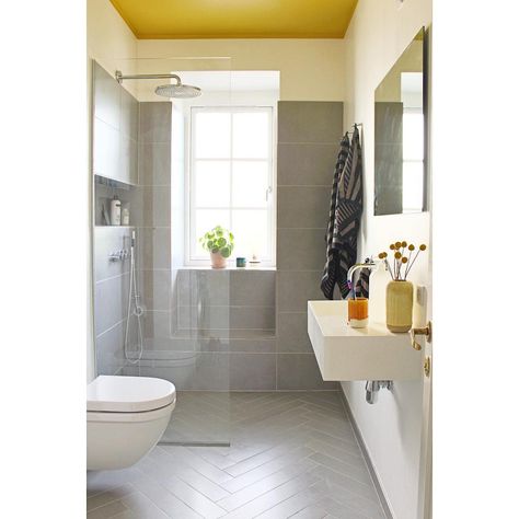 You’re going to want to go pick up some paint swatches ASAP. Yellow Ceiling, Painted Bathroom, Simple Bathroom Decor, Small Bathroom Makeover, Bathroom Ceiling, Yellow Bathrooms, Diy Bathroom Decor, Painted Ceiling, Room Paint