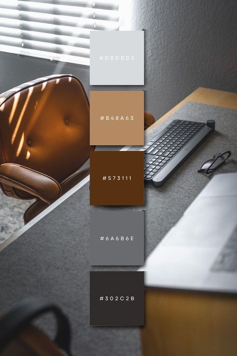 Browns And Grey Color Scheme, Color Scheme For Office Interiors, Office Interior Colour Schemes, Color Schemes For Office Interiors, Brown Pallete Color Living Rooms, Office Brown Aesthetic, Color Palette For Office Interiors, Office Interior Color Ideas, Color Pallete Home Design