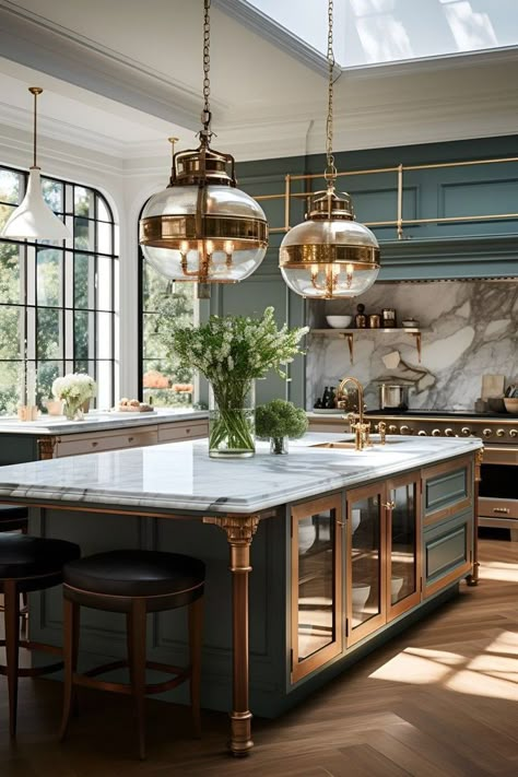 Beautiful Kitchen Island Ideas, Epic Kitchen Design, French Modern Home Interiors Kitchen, Gorgeous Kitchens Luxe, Special Kitchen Design, Devol Kitchen Island, Blue And Beige Kitchen Cabinets, Glamorous Kitchen Ideas, Untraditional Kitchen