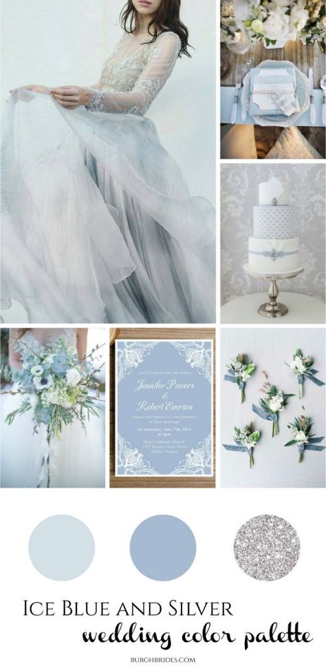 Ice Blue & Silver Wedding Inspiration Perfect for a Winter Day! - Burgh Brides - A Pittsburgh Wedding Blog Blue Silver Wedding, Ice Blue Weddings, Blue Silver Weddings, Silver Color Palette, Silver Wedding Decorations, Wedding Themes Spring, Blue Centerpieces, Blue Wedding Inspiration, Winter Wedding Colors