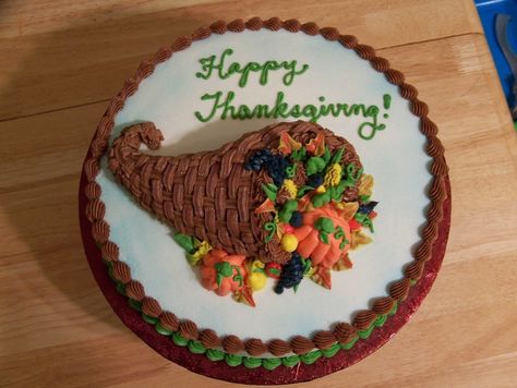 Just a Thanksgiving cake I did for a customer.  12" round with a carved cake cornucopia basket on top.  Just quickly piped in different fruits and veggies to fill in. Thanksgiving Cakes Decorating, Fall Cakes Decorating, Thanksgiving Sweets, Cornucopia Basket, Thanksgiving Cake, Thanksgiving Cornucopia, Thanksgiving Cakes, Christmas Cake Designs, Fall Cooking