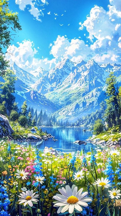 Fantasy Scenery Landscapes, Aesthetic Wallpaper Mountains, Anime Nature Wallpaper, Anime Landscape Wallpaper, Cool Scenery, Beautiful Scenery Drawing, Dreamy Artwork, Dreamy Landscapes, Japon Illustration